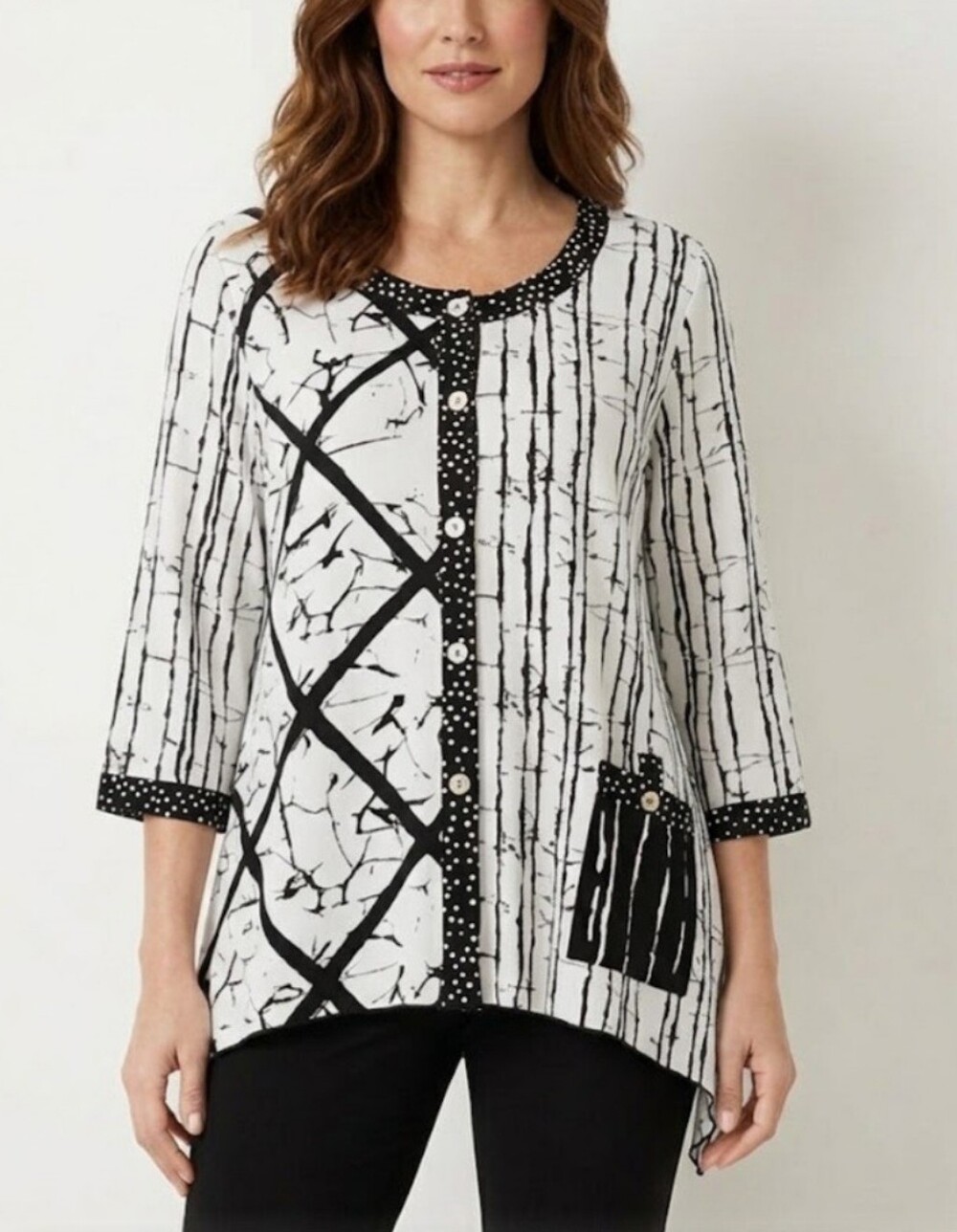 Ali Miles Black and White Mixed-Print Tunic 100%Rayon XL